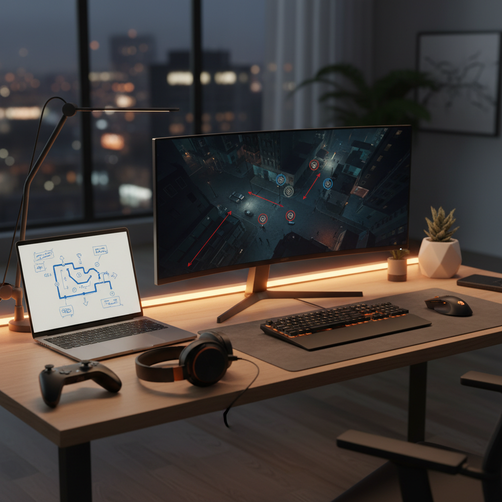 Stealth gamer setup with notebook planning and controller next to a dark city heist scene on screen