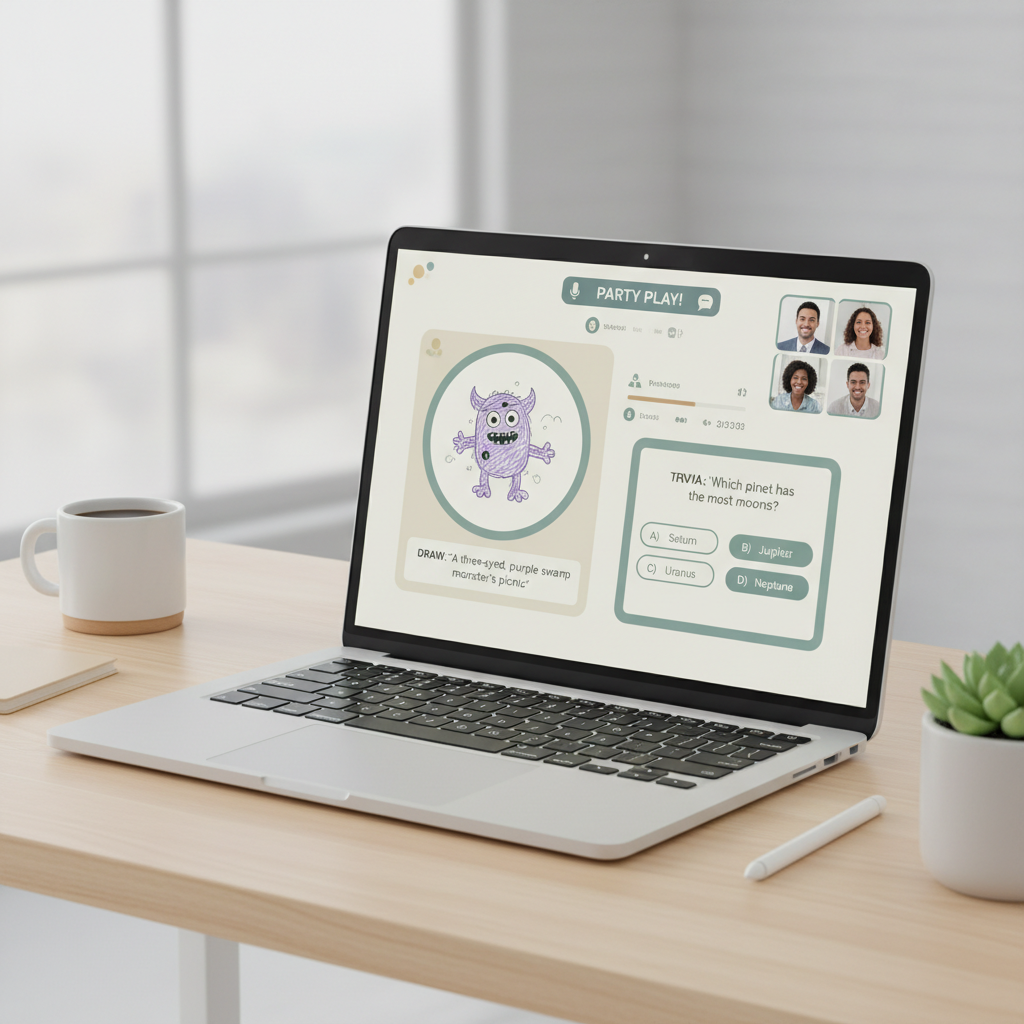 Online drawing and trivia party game interface on a laptop during a group call