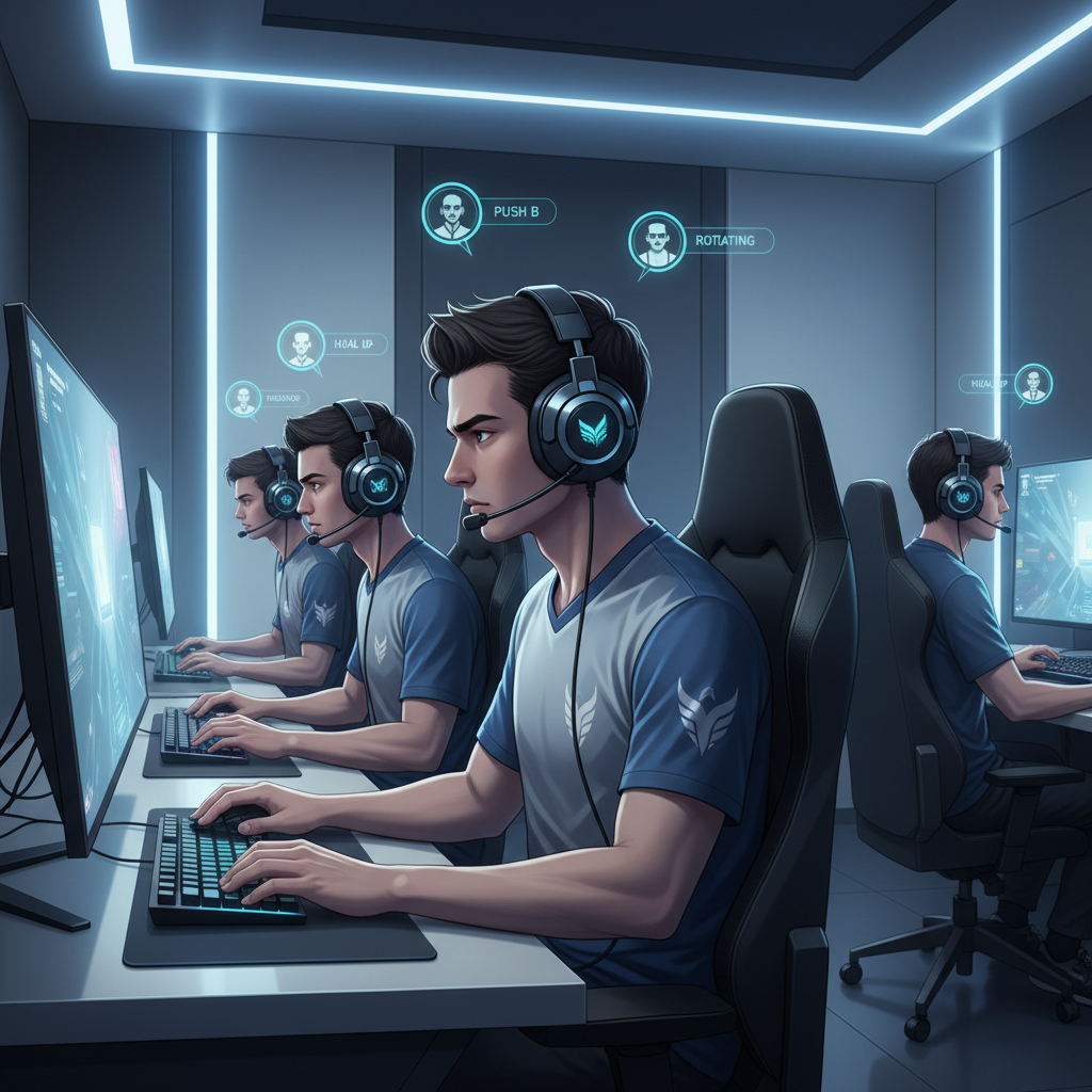Gaming squad using clear voice chat callouts during a ranked match