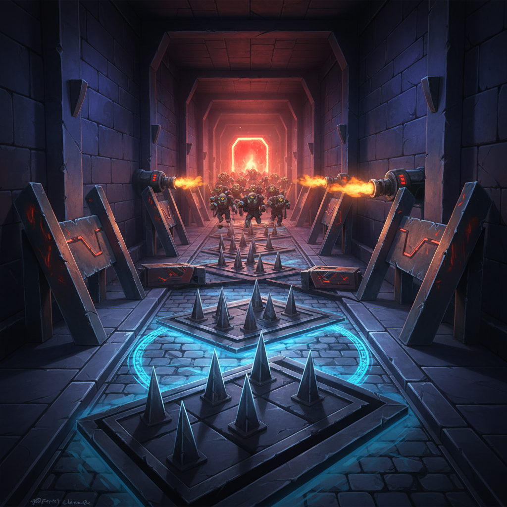Trap corridor defense setup with spikes, flamethrowers, and slowing tiles