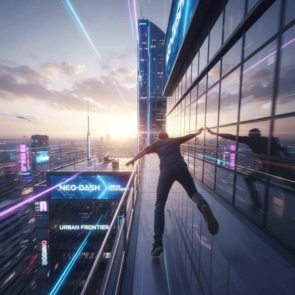 First-person parkour wall running across rooftops in a neon city