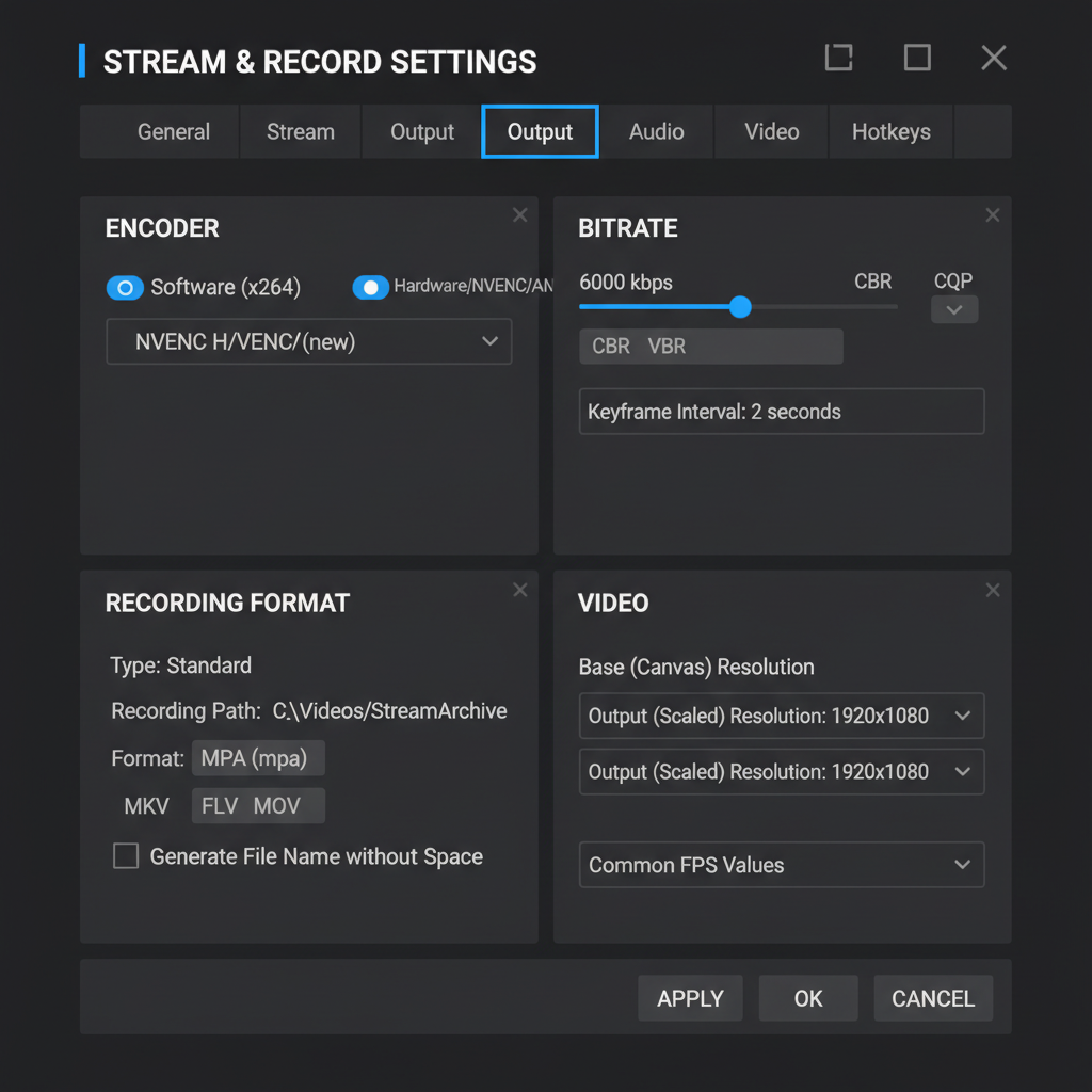 OBS recording settings screen highlighting encoder, bitrate, and resolution options