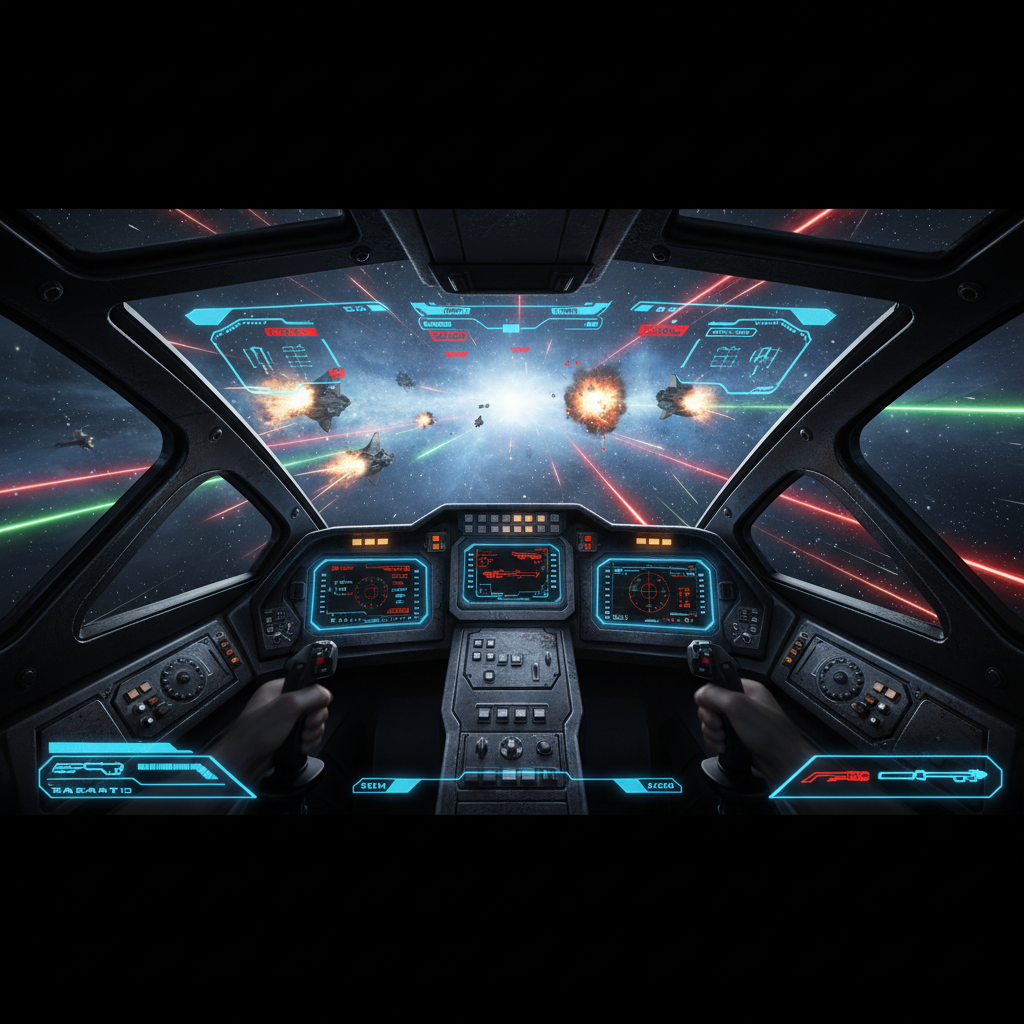 First-person cockpit view in a space sim during a dogfight