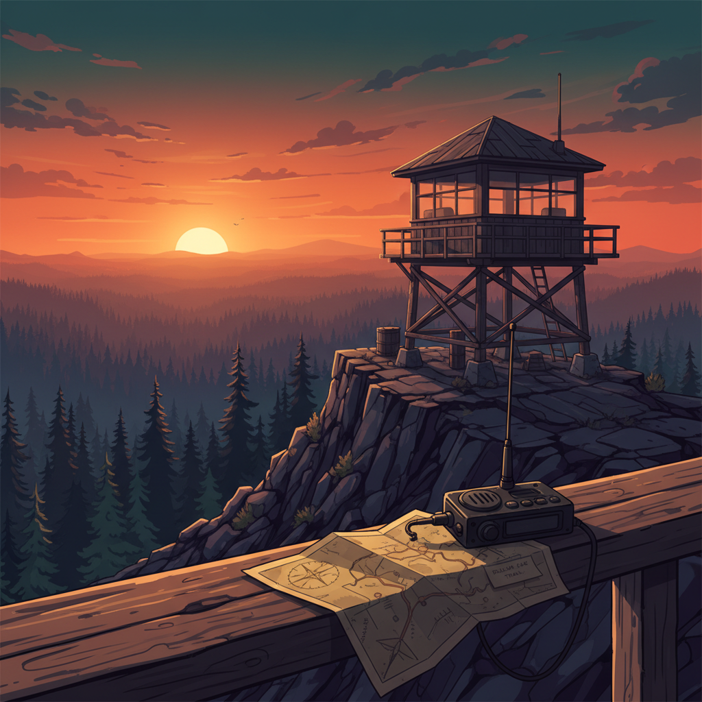 Fire lookout tower style scene representing story-driven walking simulator gameplay