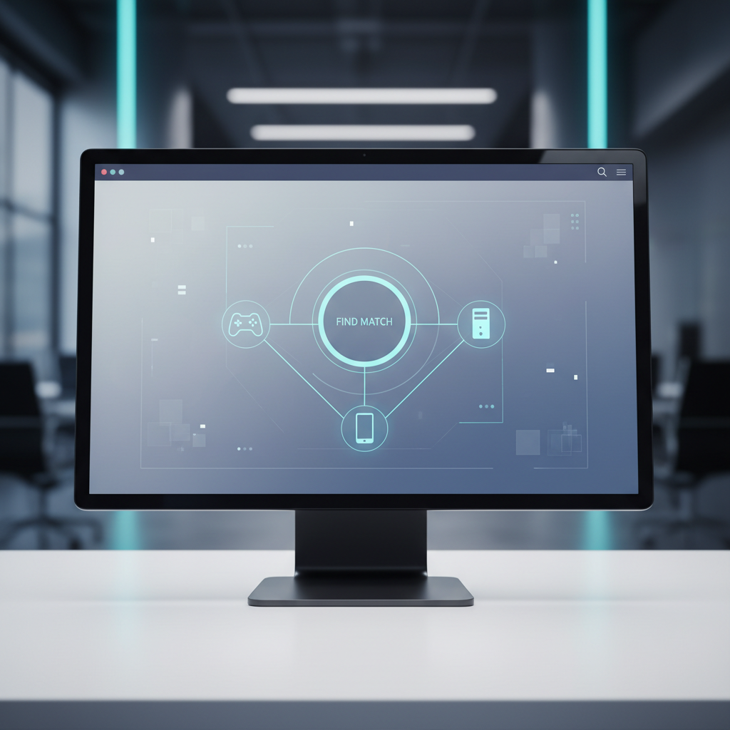 Cross-platform matchmaking concept UI shown on a monitor with console and PC icons