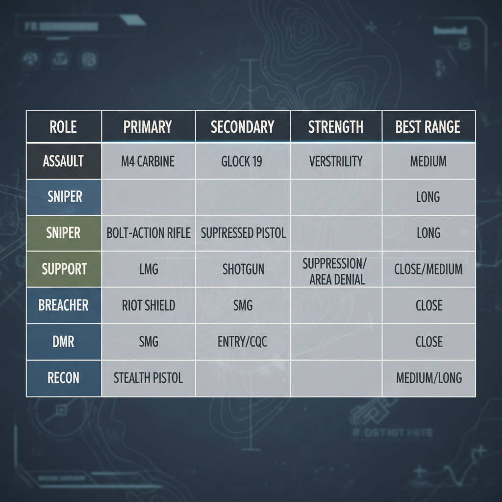Table of Warzone 3 meta loadouts by role and range