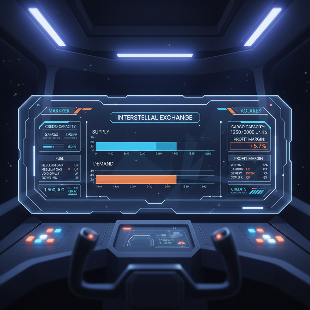 Cargo hold and commodity market screen showing supply and demand