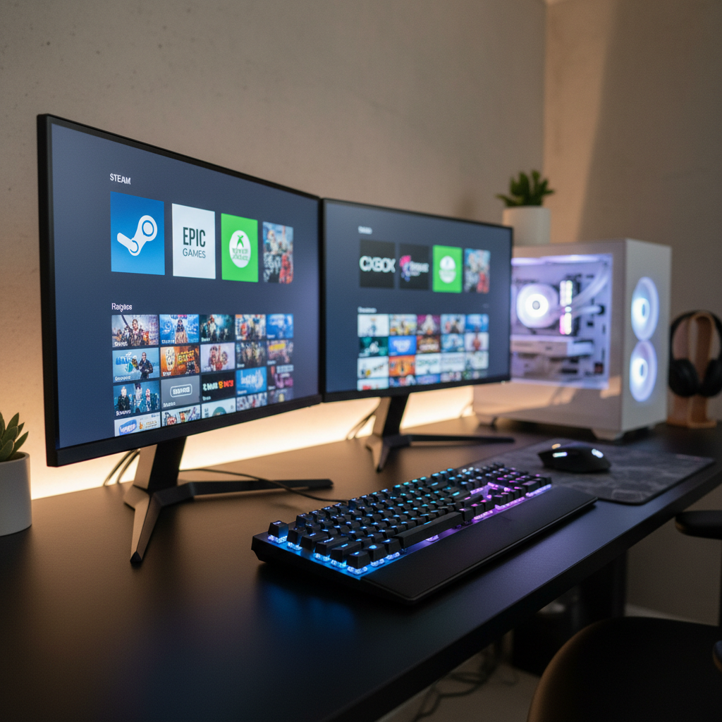 PC gaming setup showing multiple game launchers on Windows