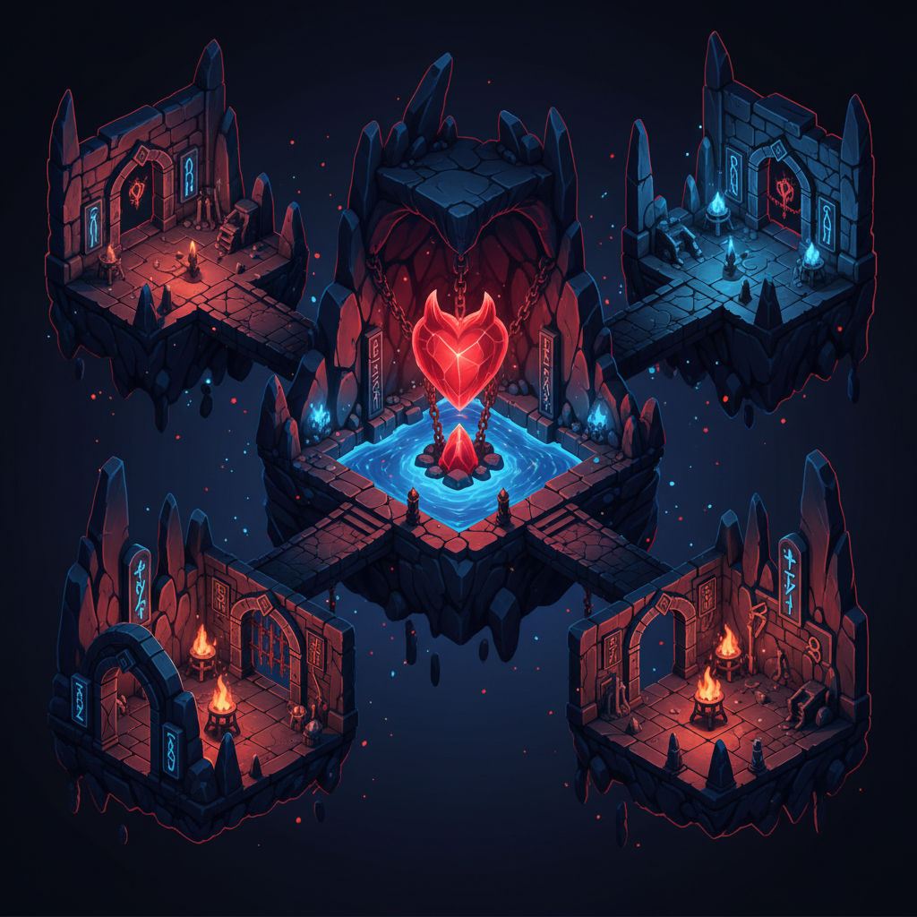 Stylized underworld dungeon chambers in a roguelite action game