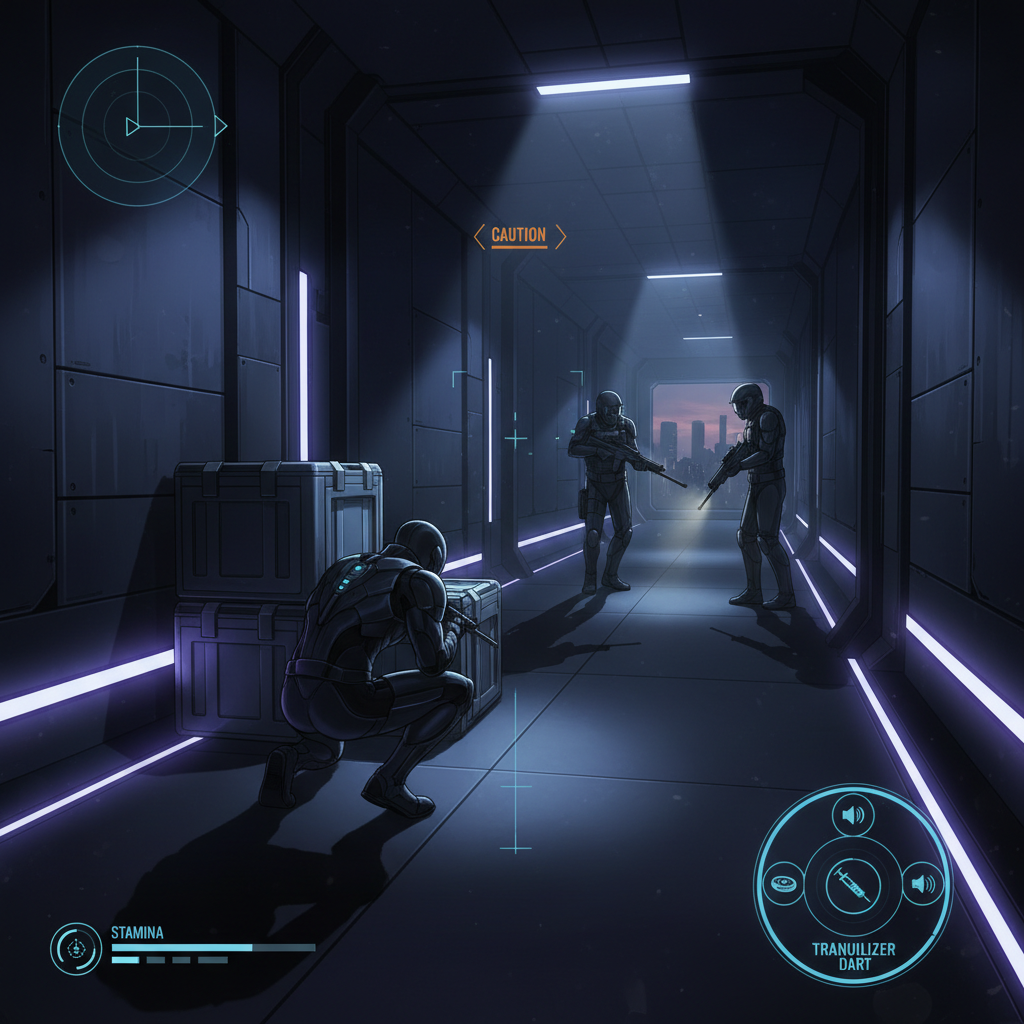 Non-lethal stealth gameplay with guard avoidance and tranquilizer tools