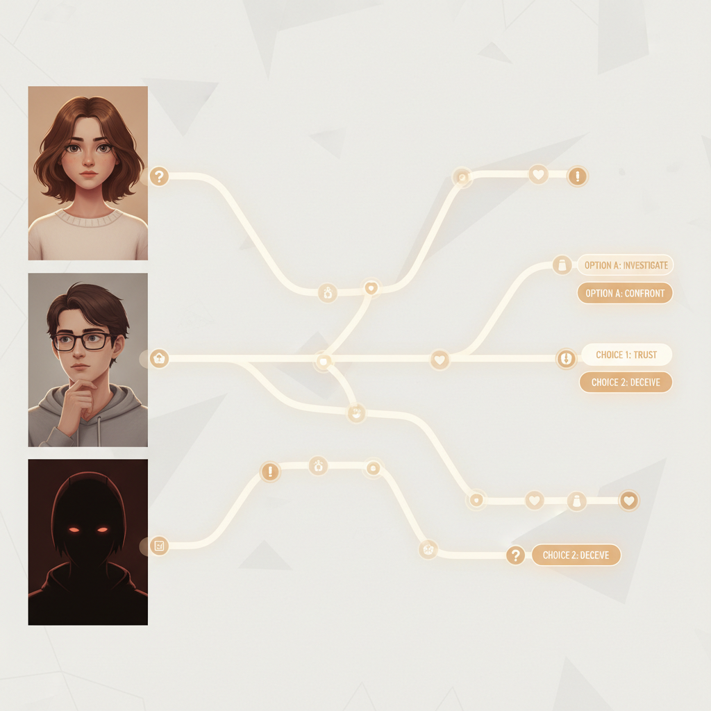 Collage of visual novel story routes, character portraits, and branching timeline