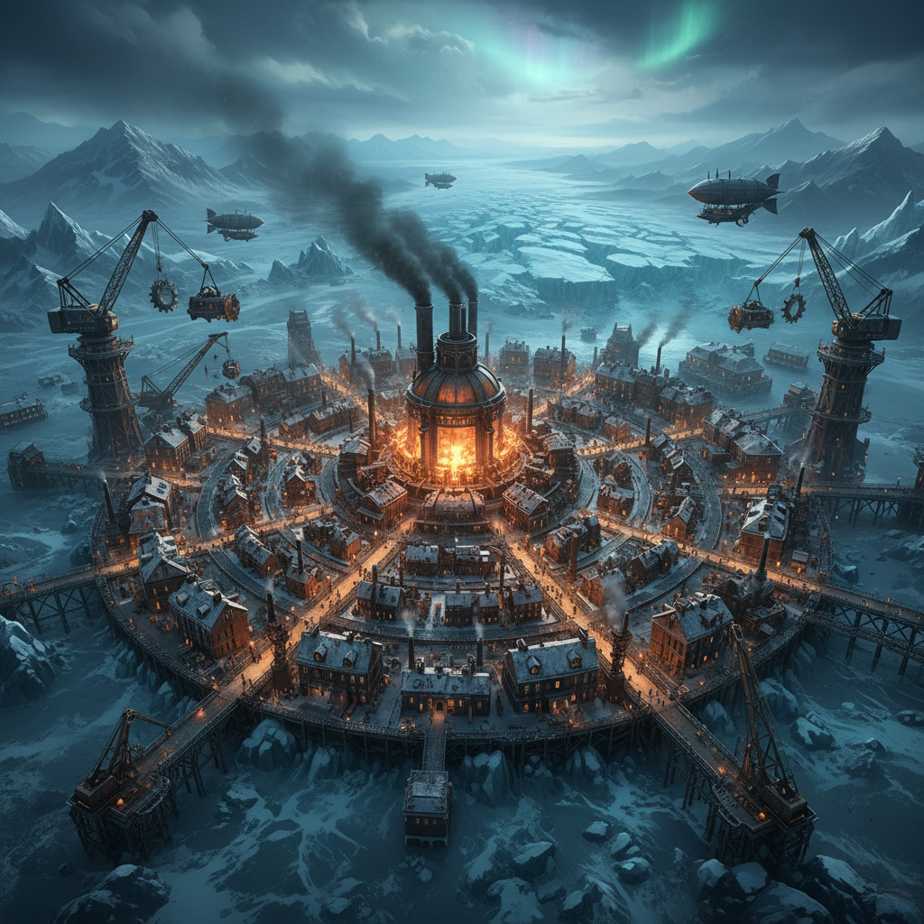 Frostpunk-like steampunk survival city built around a massive steam generator