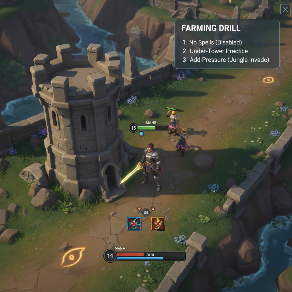 Practice routine for last hitting minions in MOBA training mode