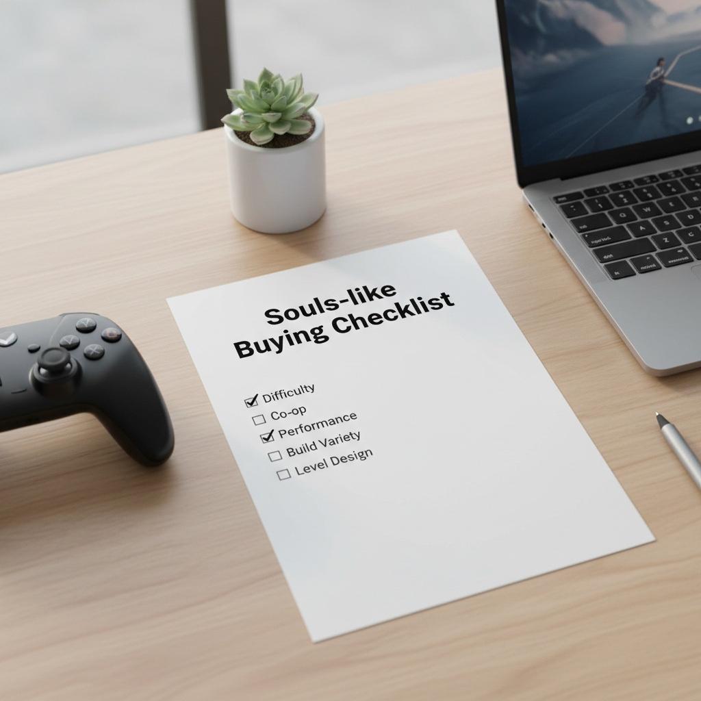 Checklist for choosing a souls-like game based on difficulty, co-op, and performance