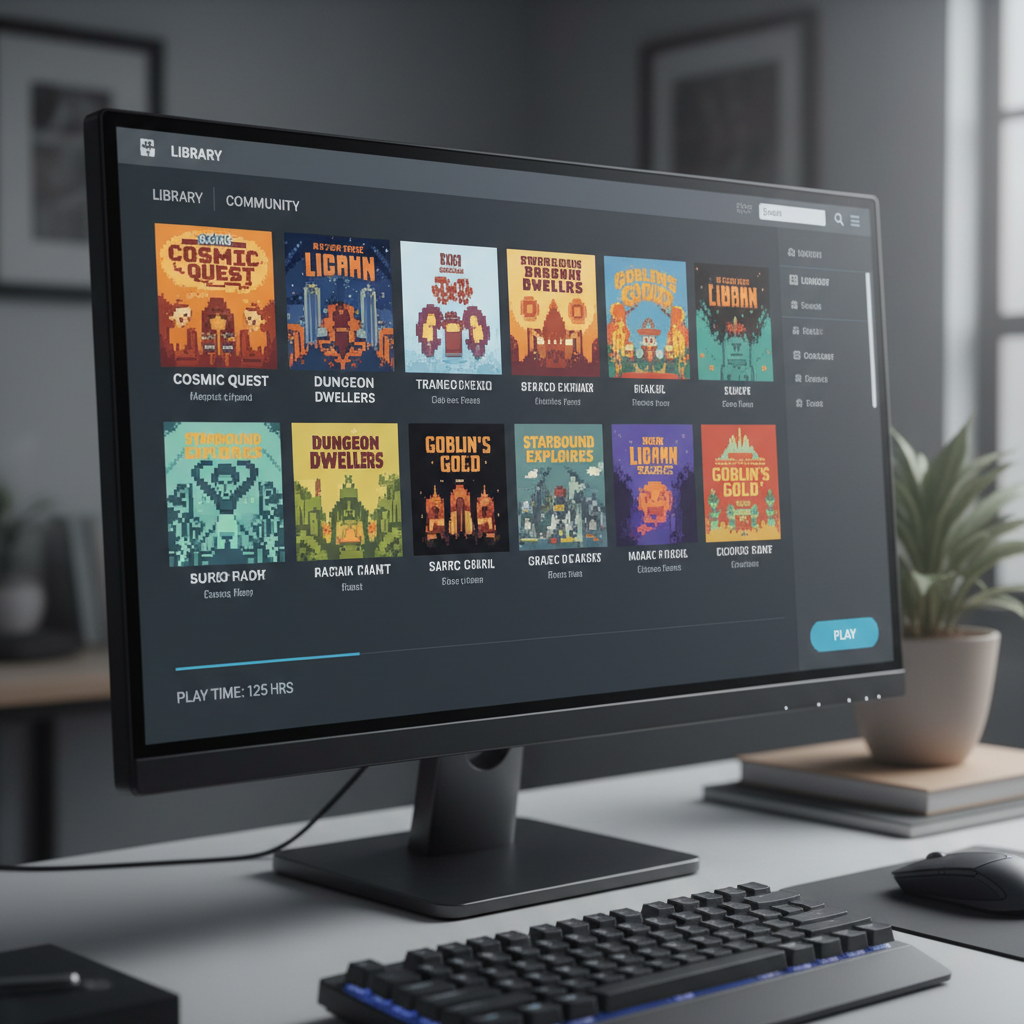 Steam library grid featuring retro pixel art indie games
