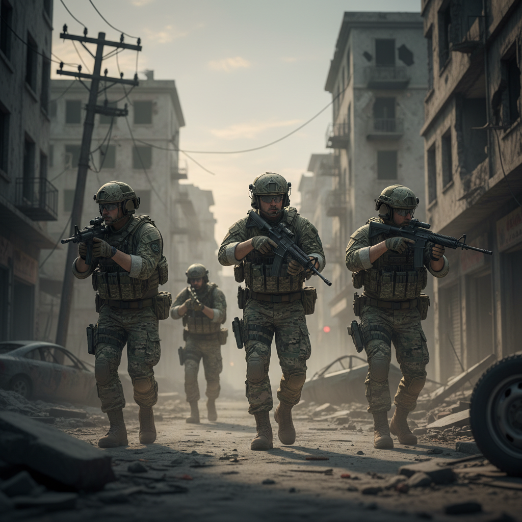 Realistic tactical war game squad moving through an urban street