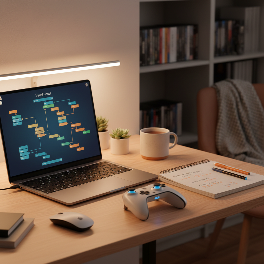 Player planning visual novel routes with flowchart, notebook, and controller