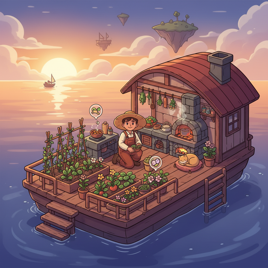 Relaxing cozy management game atmosphere with warm lighting and simple tasks
