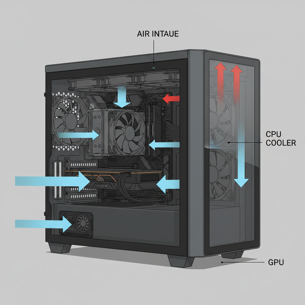 Proper PC case airflow with intake and exhaust fans diagram