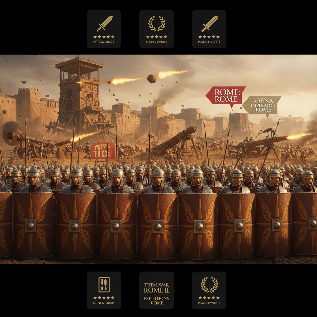Ancient Rome battle game selection overview with legionaries and siege scene