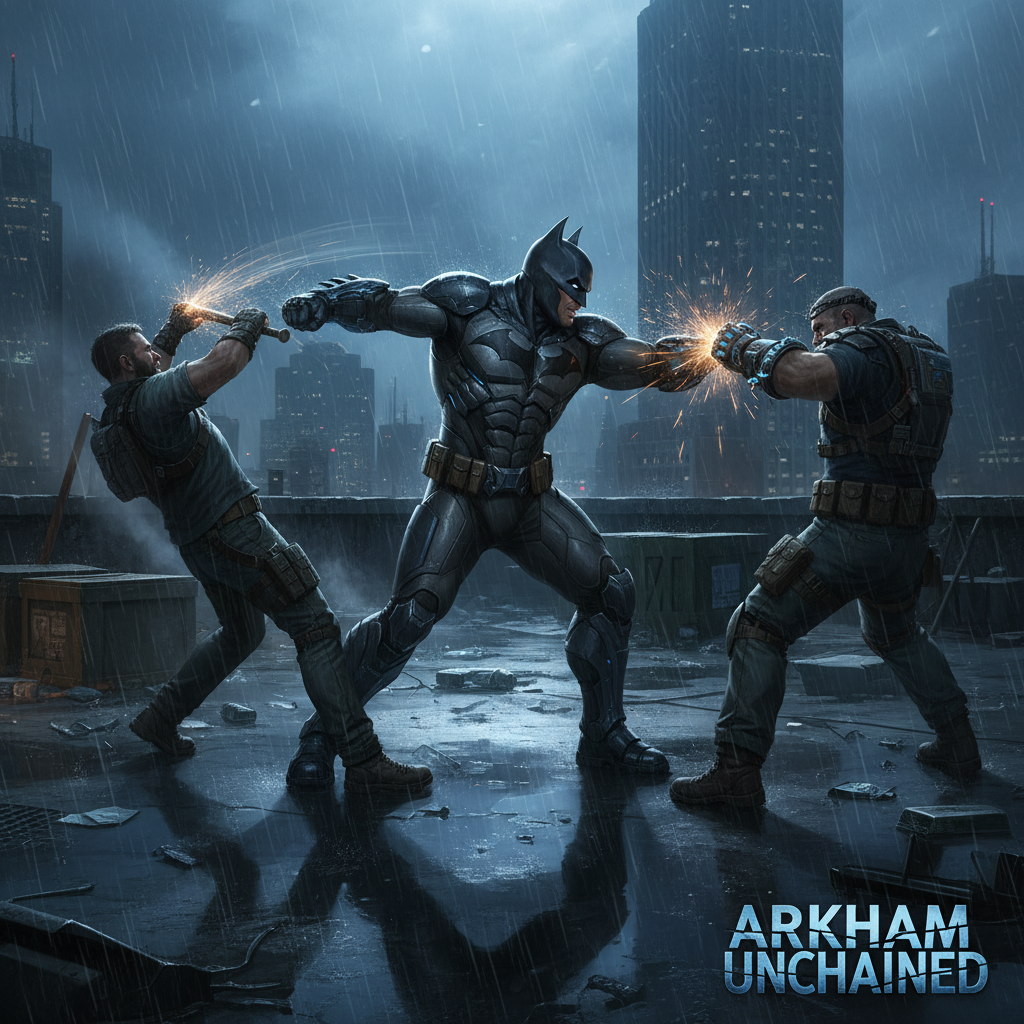 Arkham-style superhero brawling in a dark urban arena with counters and gadgets