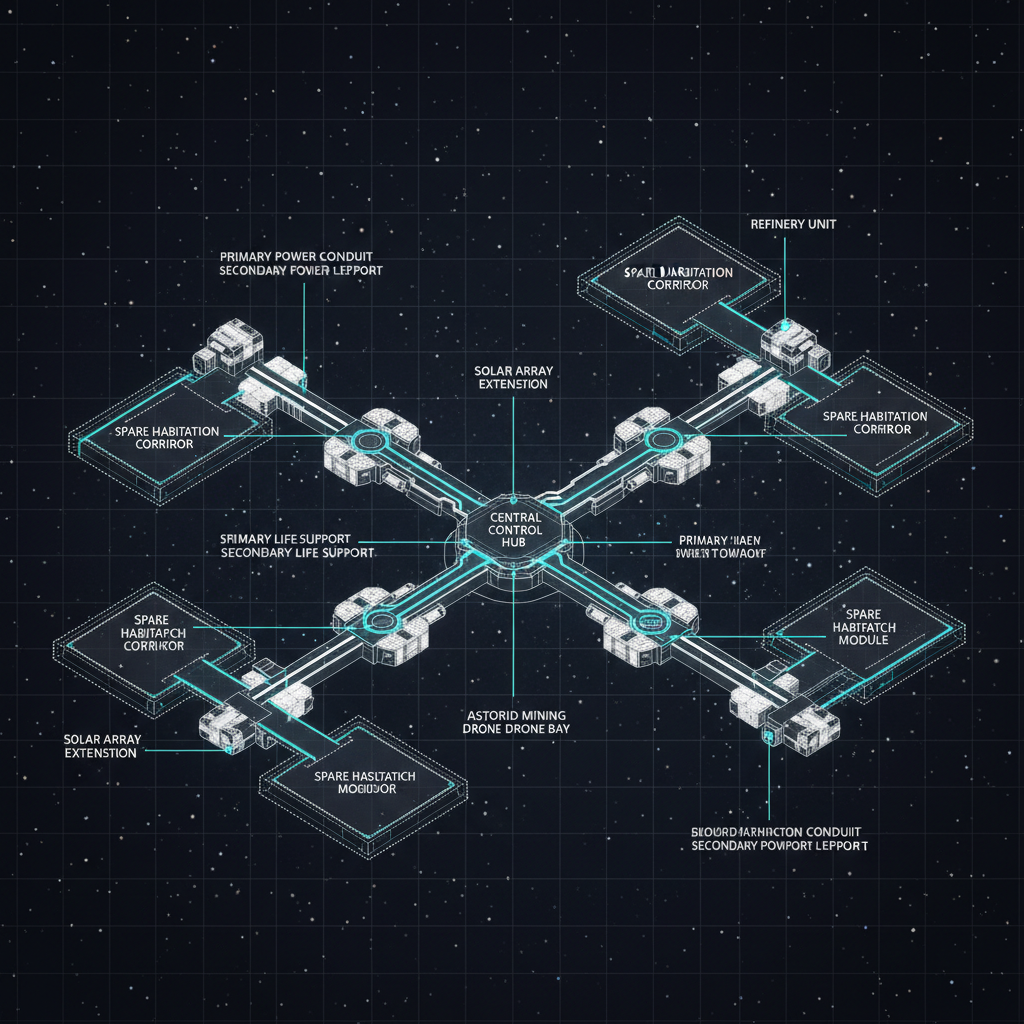 Modular space station expansion plan with redundancy and spare corridors