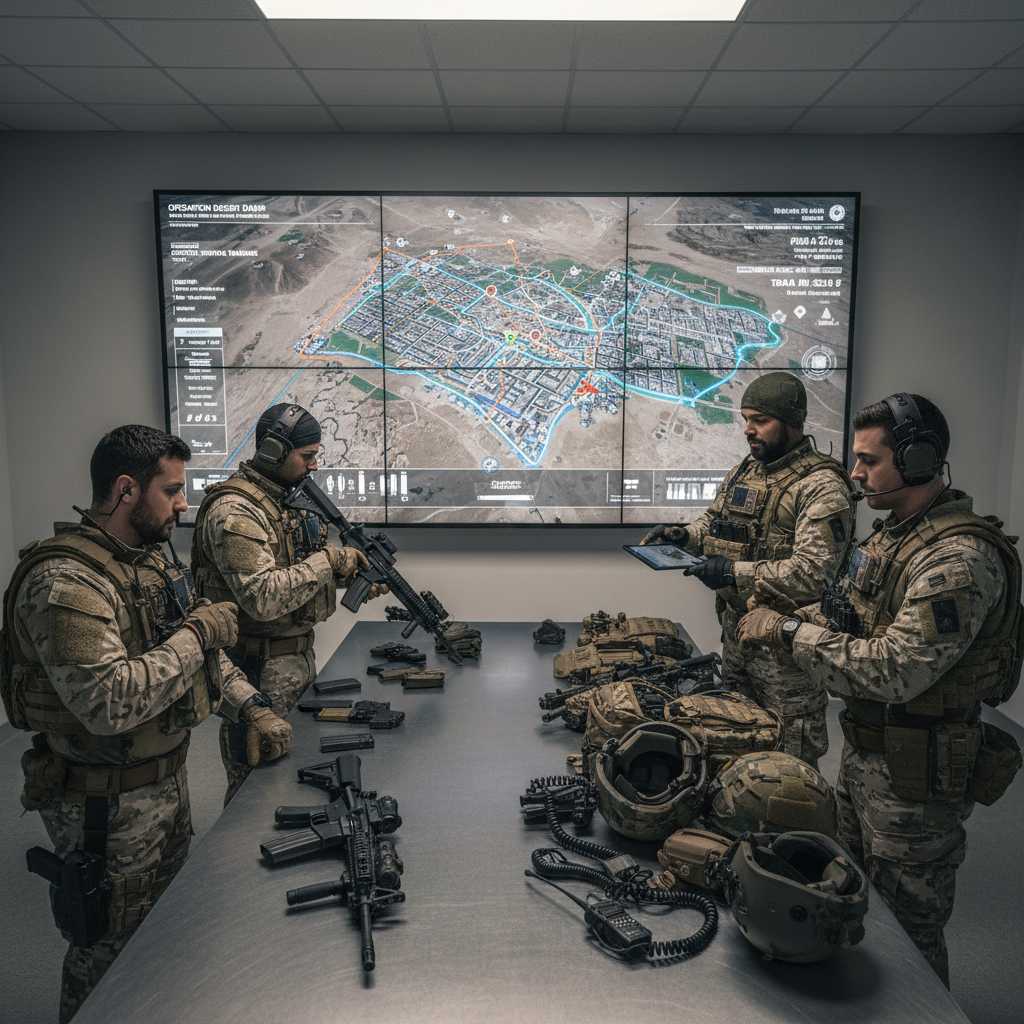 Tactical mission planning screen with squad loadouts and map briefing
