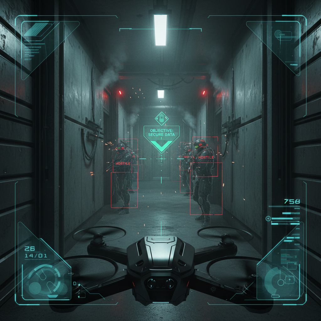 Drone scouting in a tactical shooter with HUD enemy tags