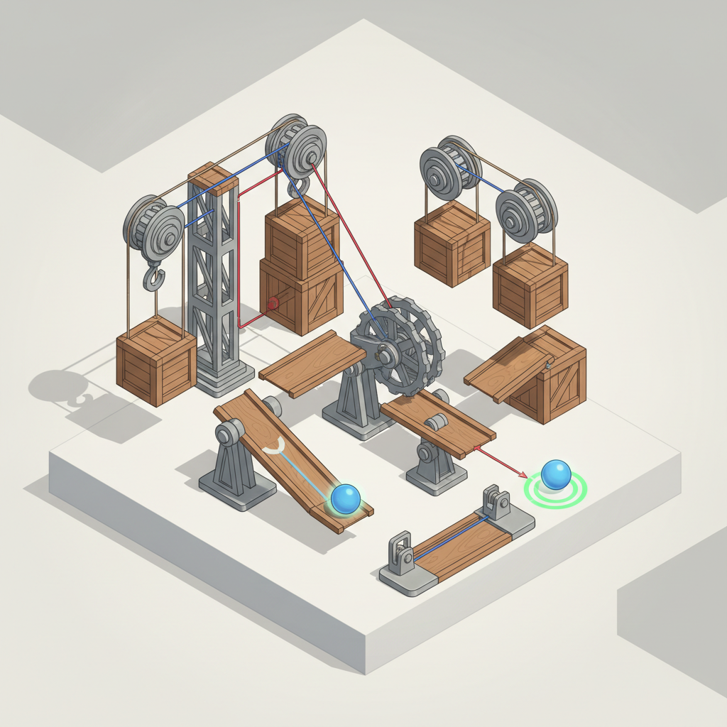 Physics-based puzzle game scene with levers, ramps, and movable objects