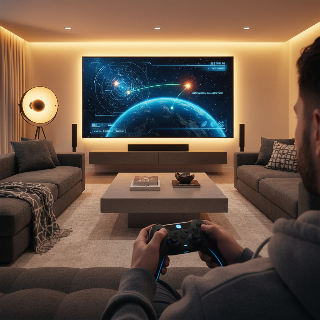 Gamer comparing holographic map UI and waypoint navigation on a TV screen