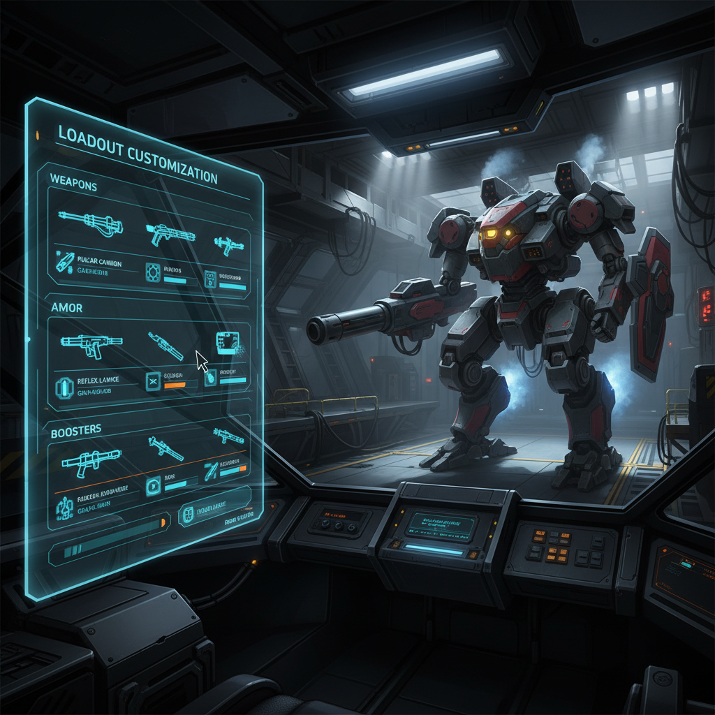 Robot combat game cockpit view with customizable mech loadout screen
