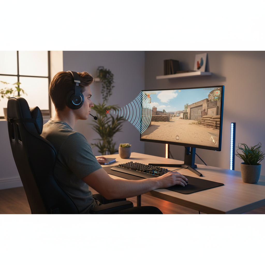 Gamer testing Dolby Atmos directional audio with a headset in a modern home setup