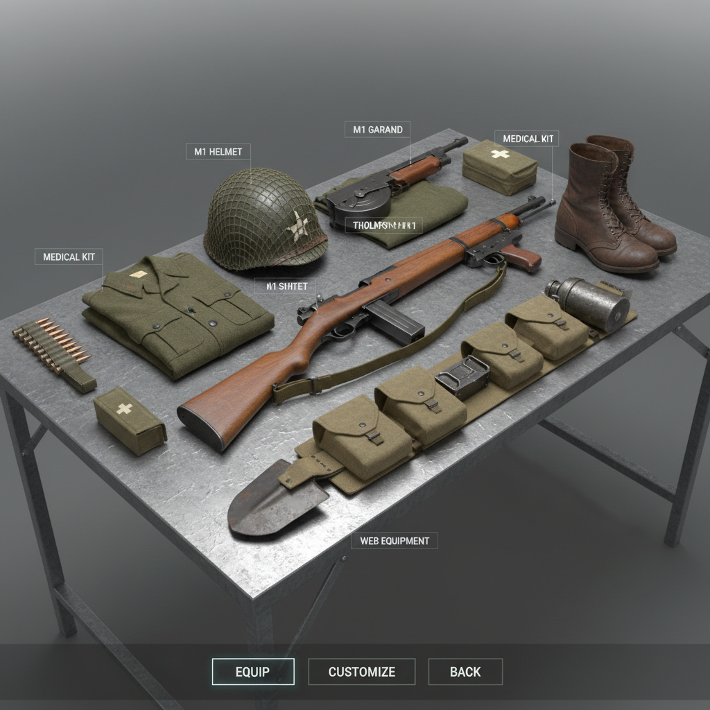 Period-correct WWII infantry gear and weapons shown in a game-style loadout screen