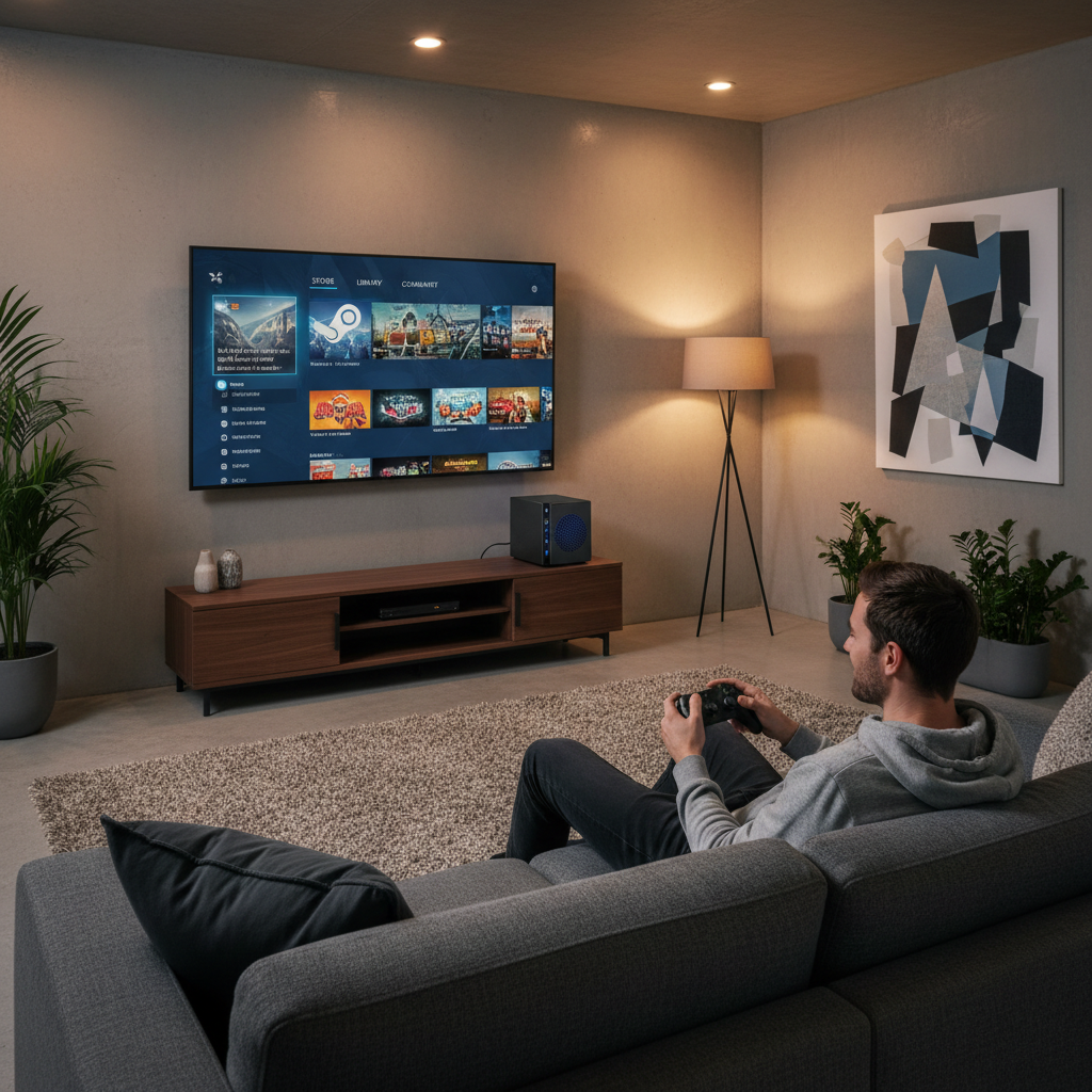 Steam Big Picture Mode living room setup with TV and controller