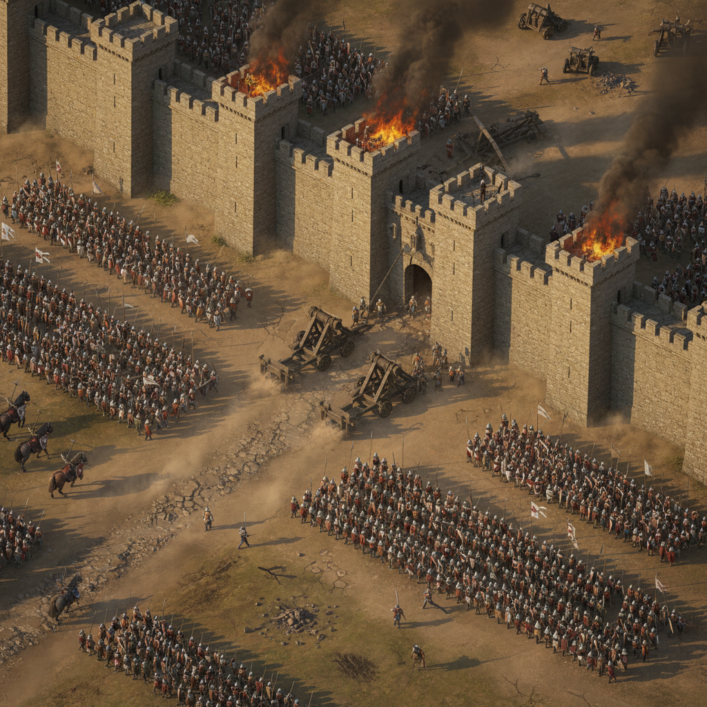 RTS siege engines attacking fortified walls in a medieval strategy game