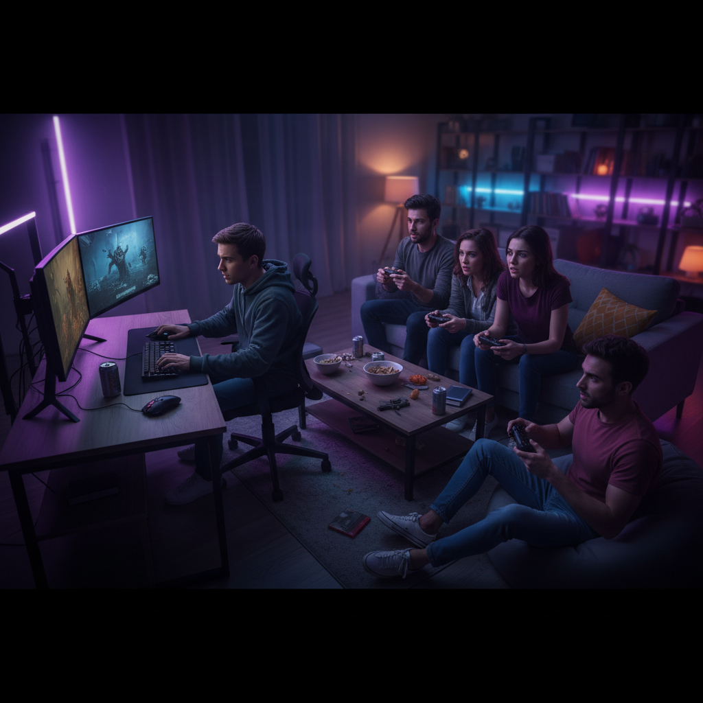 Friends playing co-op horror game on PC and console in a dark living room setup
