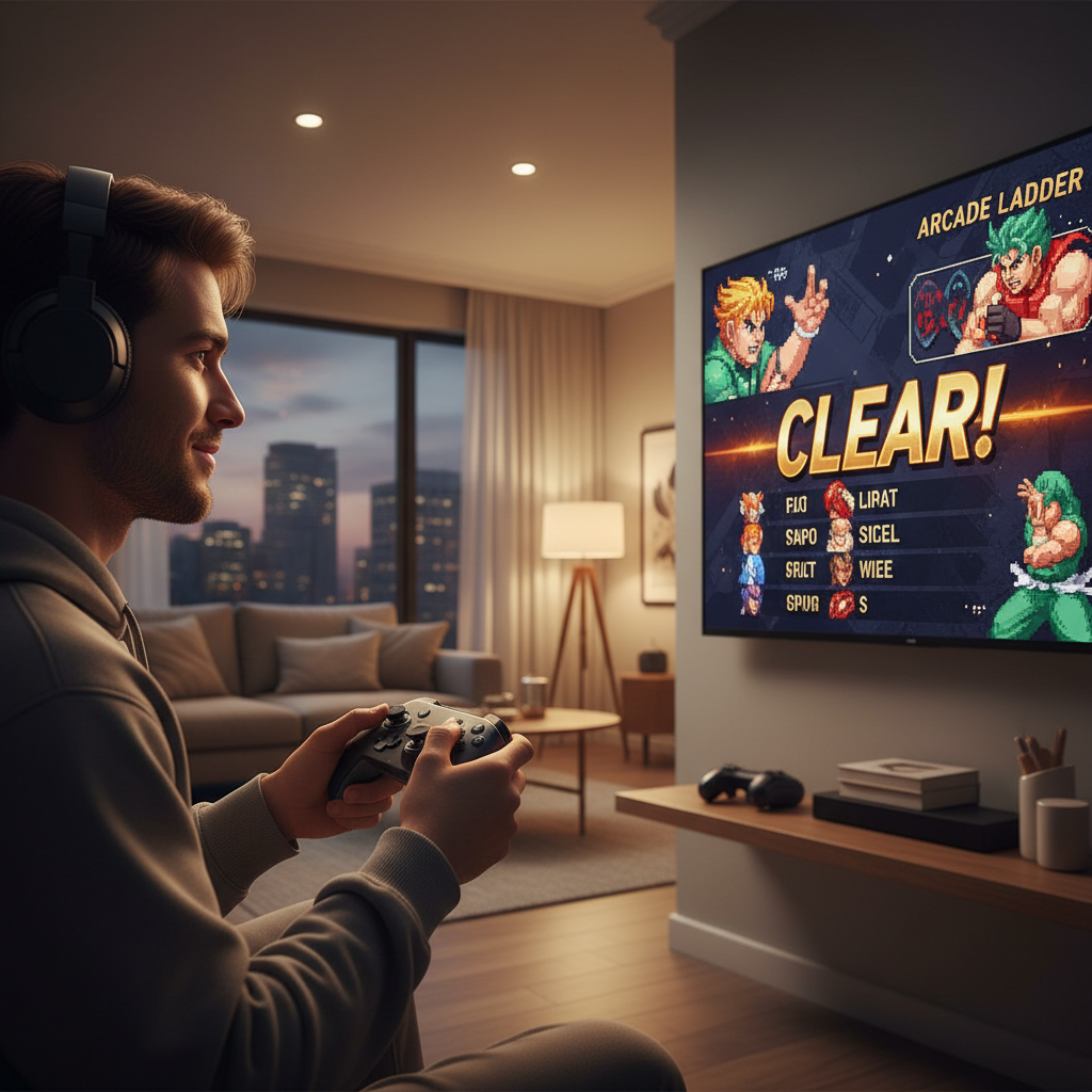 Player clearing arcade mode in a fighting game on medium difficulty