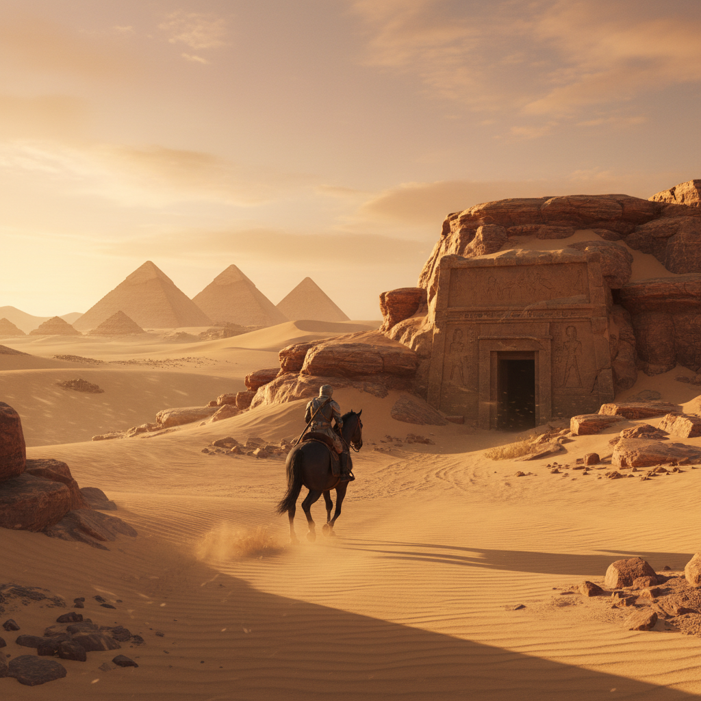 Open-world Ancient Egypt desert with distant pyramids and a rider approaching a tomb entrance