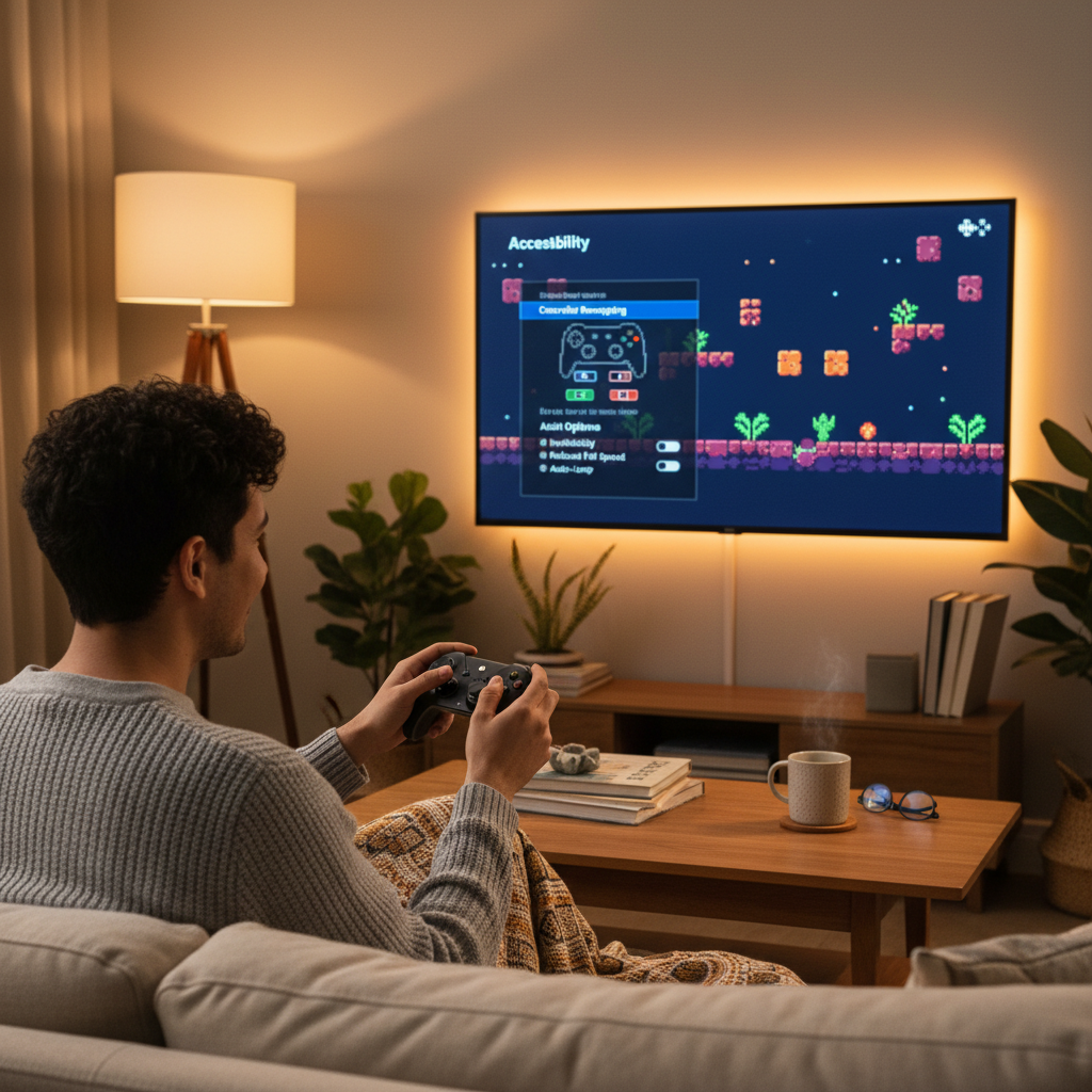Gamer adjusting difficulty and control settings for a challenging platformer