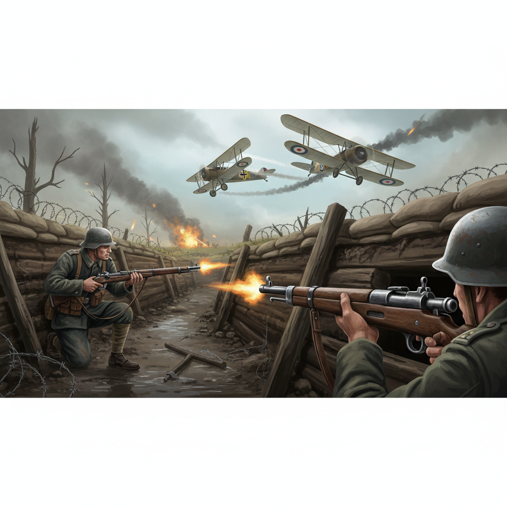 World War I single-player campaign gameplay montage with trenches and aircraft