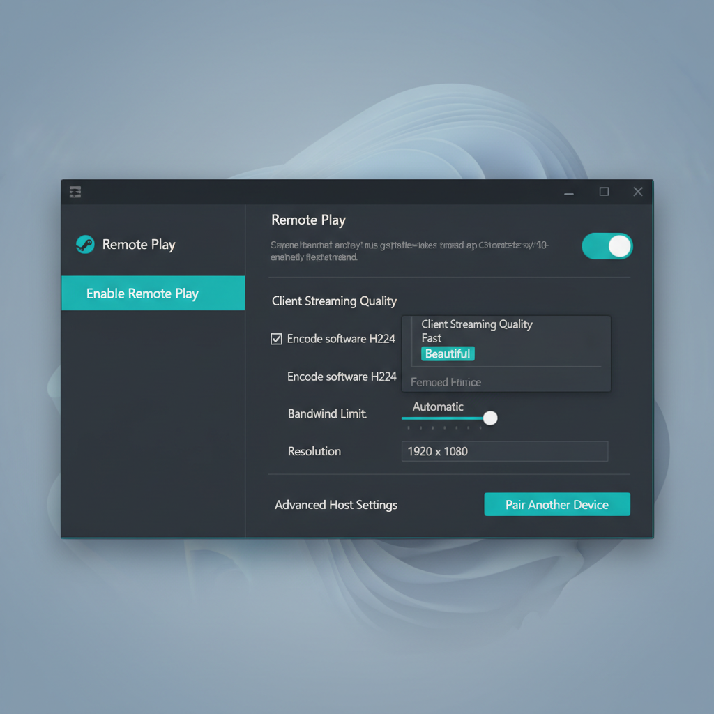Steam Remote Play settings screen showing enable remote play and streaming options