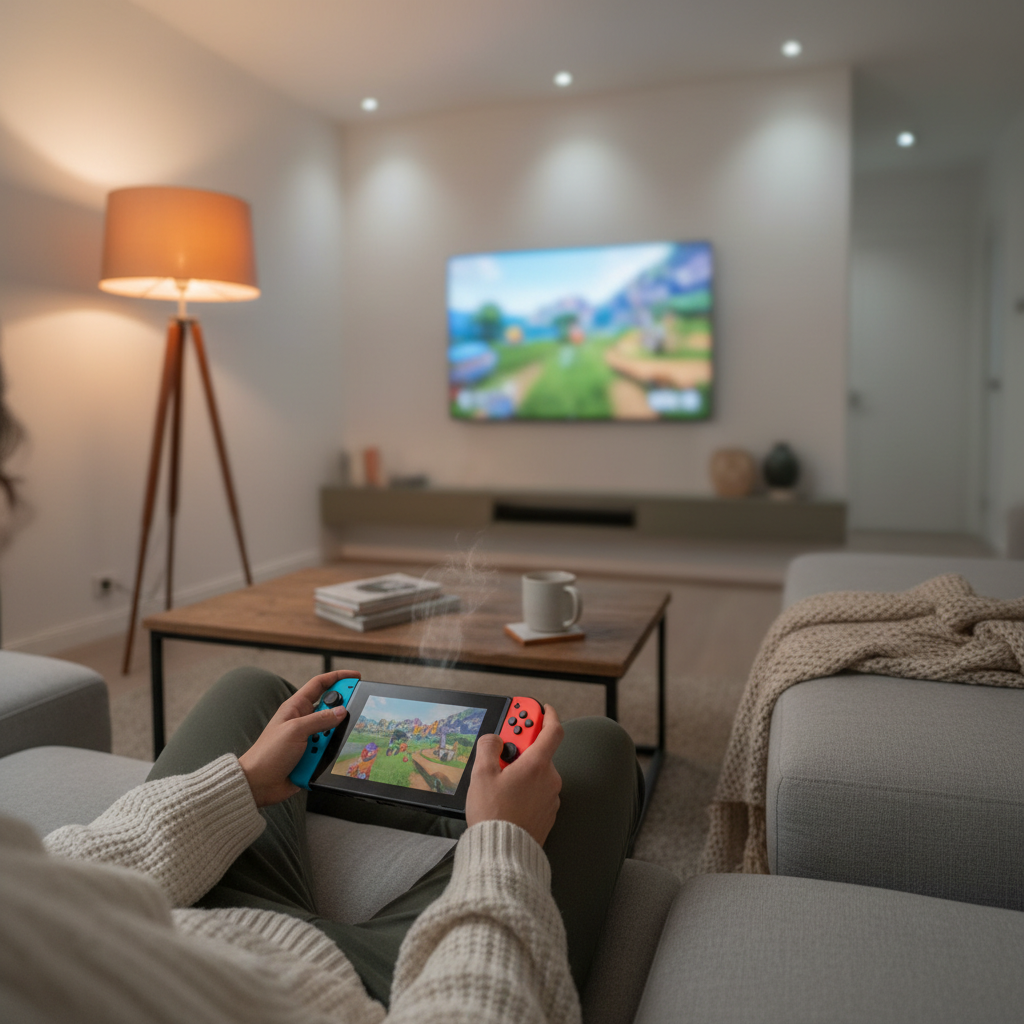 Cozy gaming setup for relaxation on a couch with warm lighting