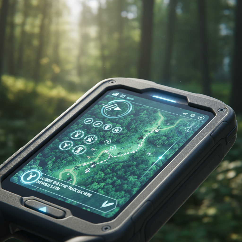 In-game wildlife tracking tools and map in a forest exploration game