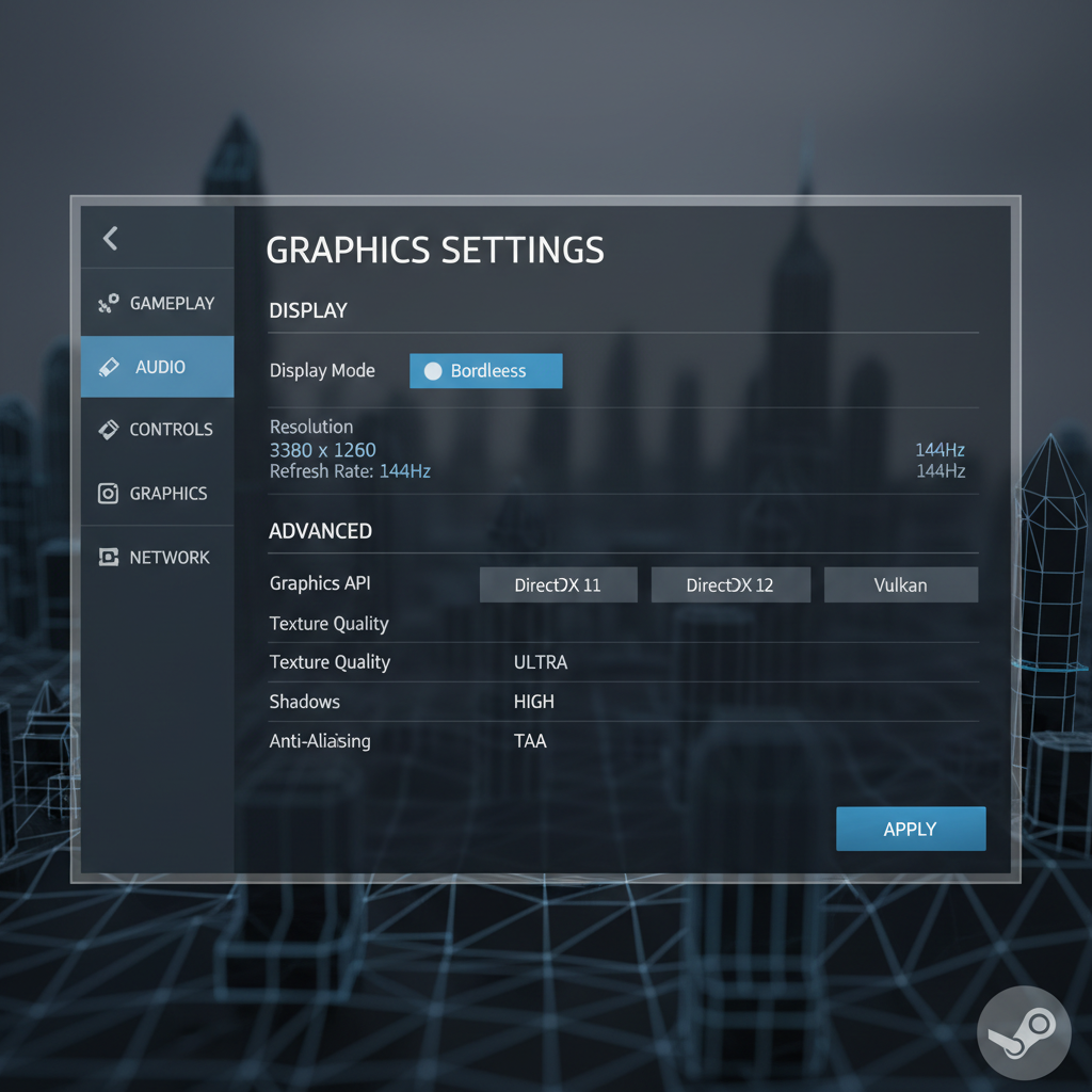 PC game settings screen showing window mode and graphics API options affecting Steam overlay
