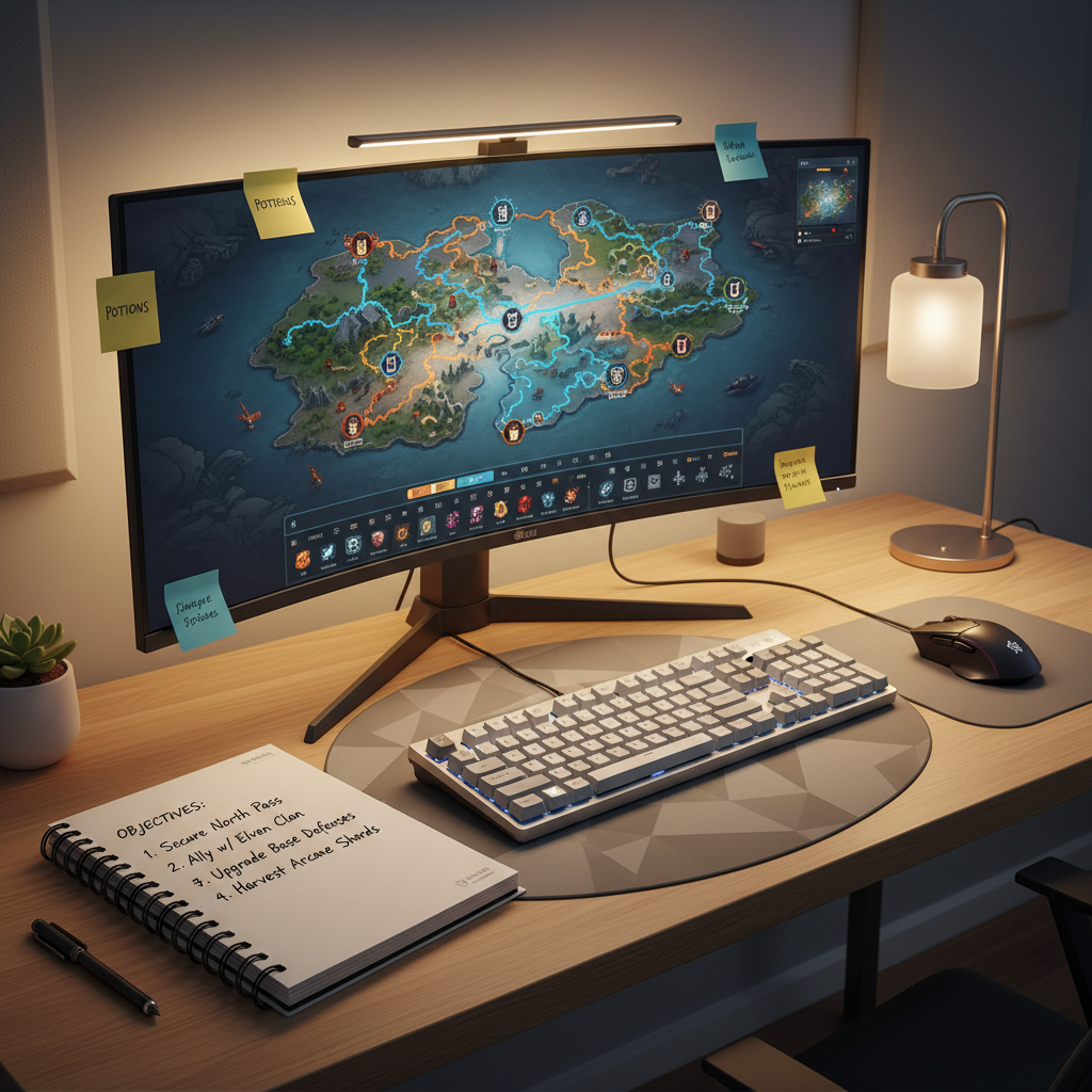 Player planning time loop objectives with notes and in-game map on screen