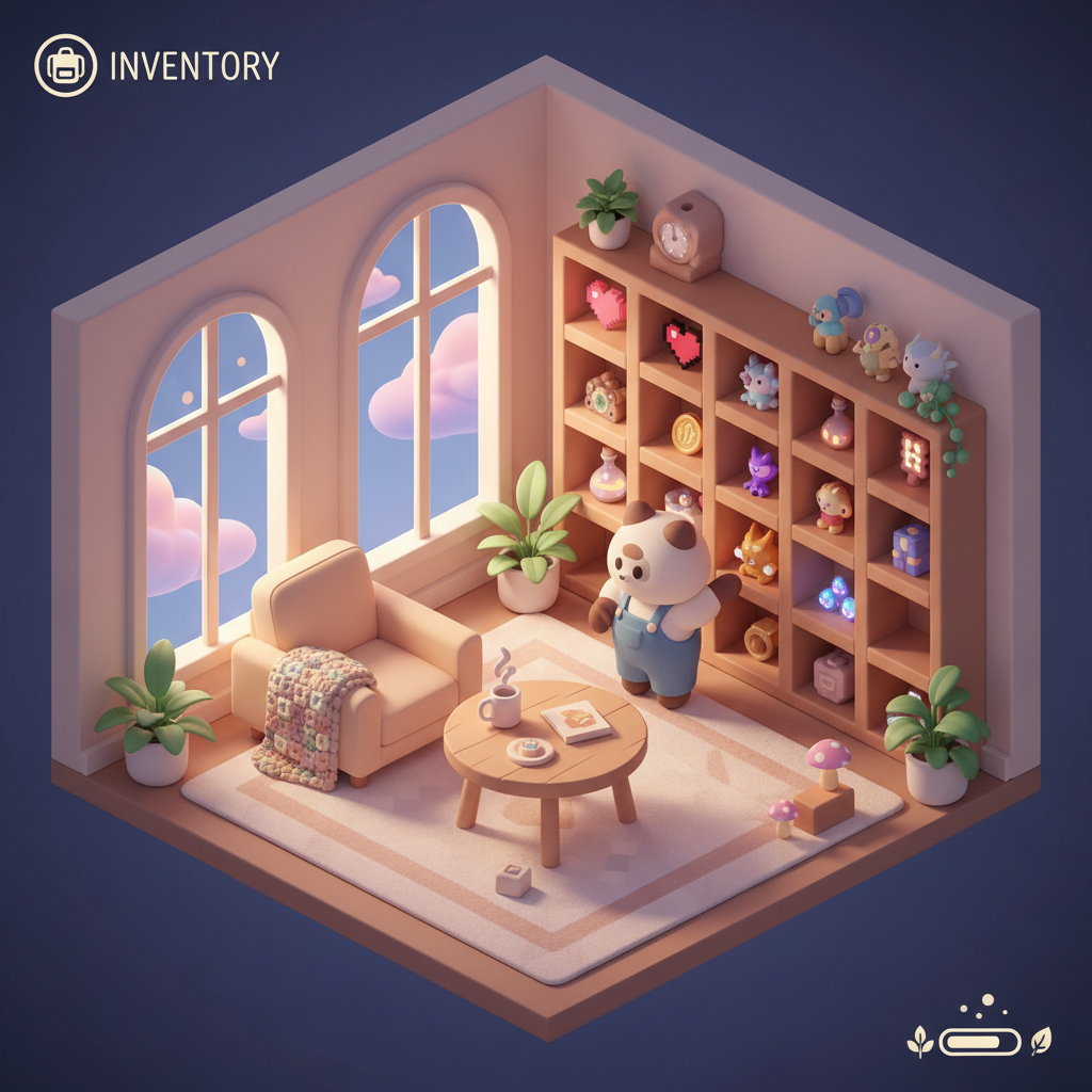 Relaxing cozy game style scene with soft colors and simple tasks