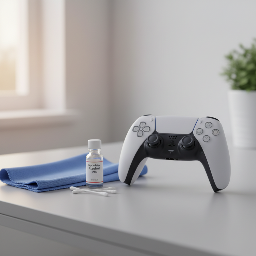 PS5 DualSense controller analog stick drift troubleshooting on a desk