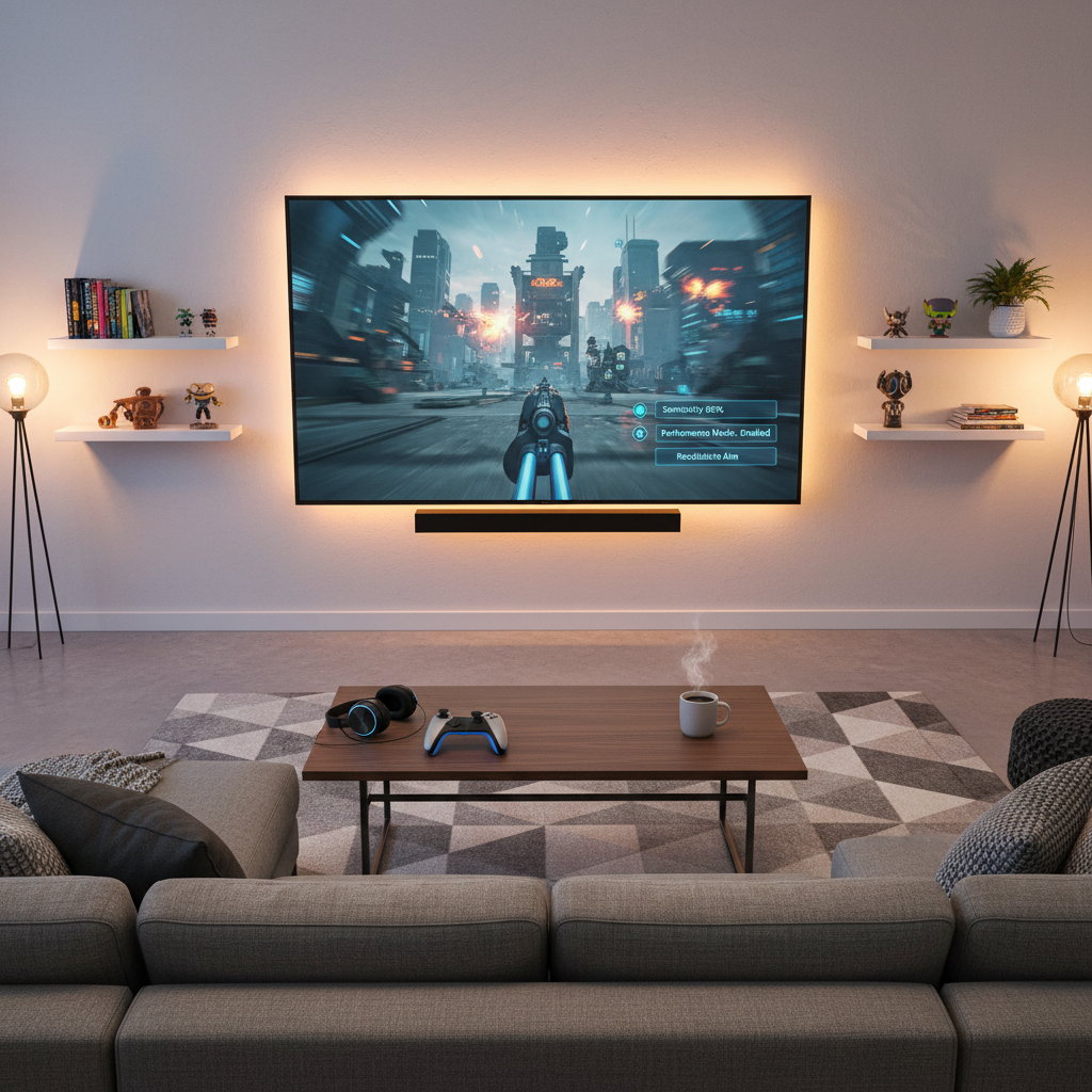 Home gaming setup optimized for arcade rail shooters with big TV and controller settings