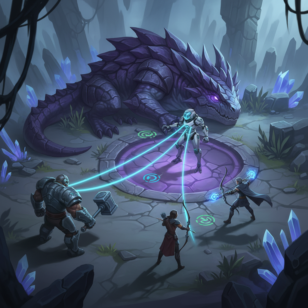 Support player coordinating objective setup with teammates in a MOBA match