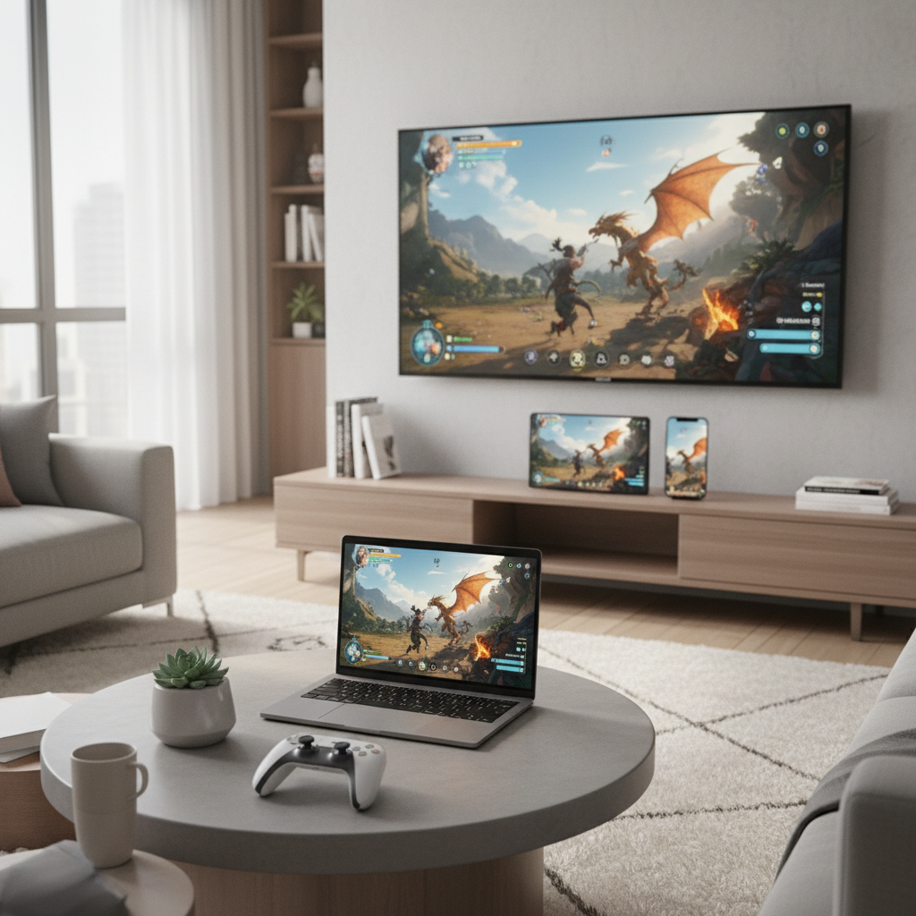 Cloud gaming setup on TV, laptop, and phone with controller